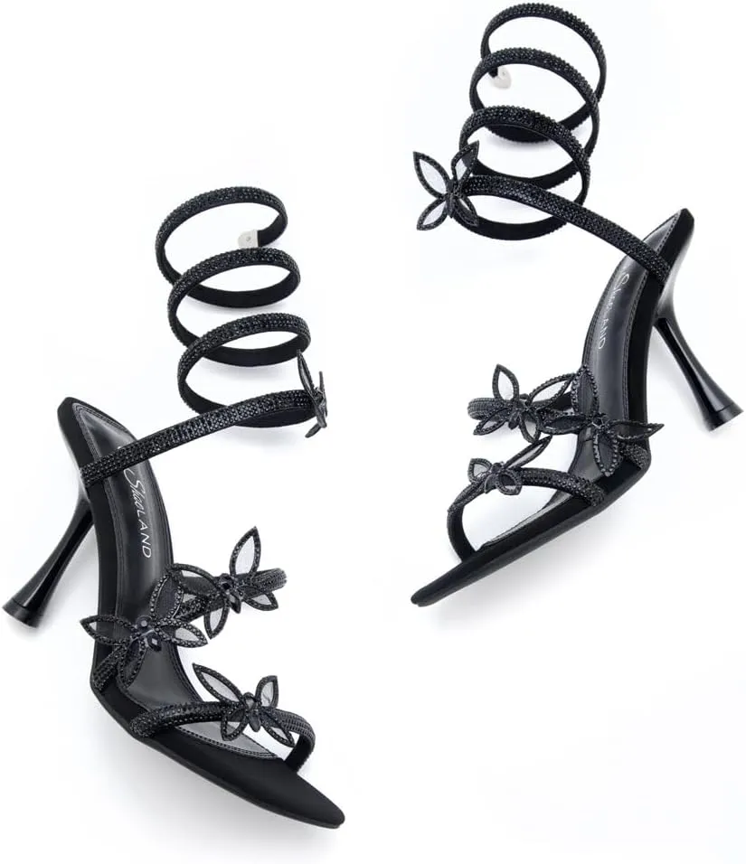 Shoe Land Charming2 Women's Rhinestone Heels, Square Open Toe High Stilettos with Spiral Ankle Wrap Strap  Coil Spiral High Heeled Crystal Dress Sandals for Party