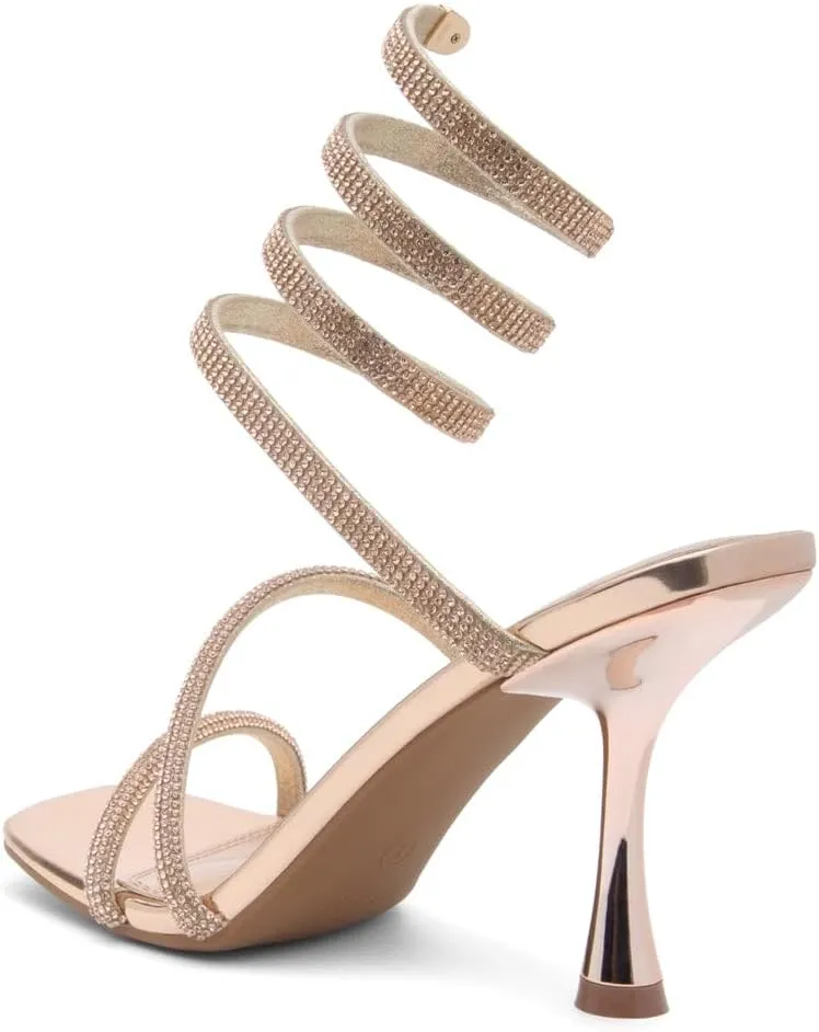 Shoe Land Charming2 Women's Rhinestone Heels, Square Open Toe High Stilettos with Spiral Ankle Wrap Strap  Coil Spiral High Heeled Crystal Dress Sandals for Party