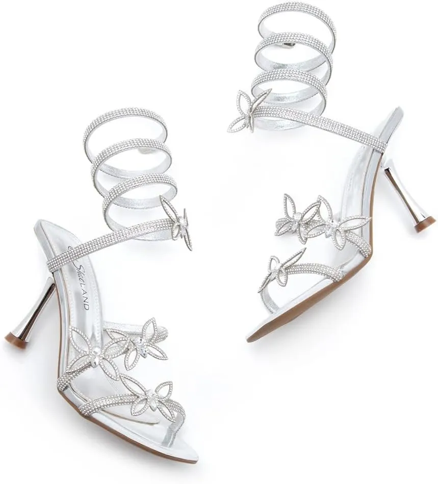 Shoe Land Charming2 Women's Rhinestone Heels, Square Open Toe High Stilettos with Spiral Ankle Wrap Strap  Coil Spiral High Heeled Crystal Dress Sandals for Party
