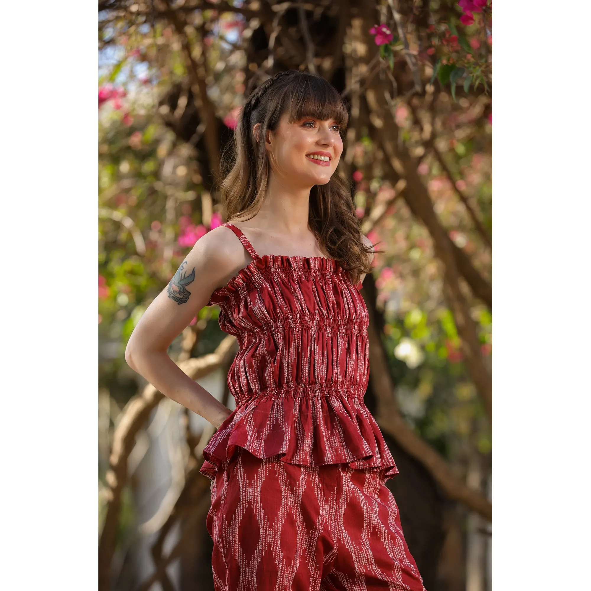 Smocked Shibori on Maroon cotton Co-ord Set