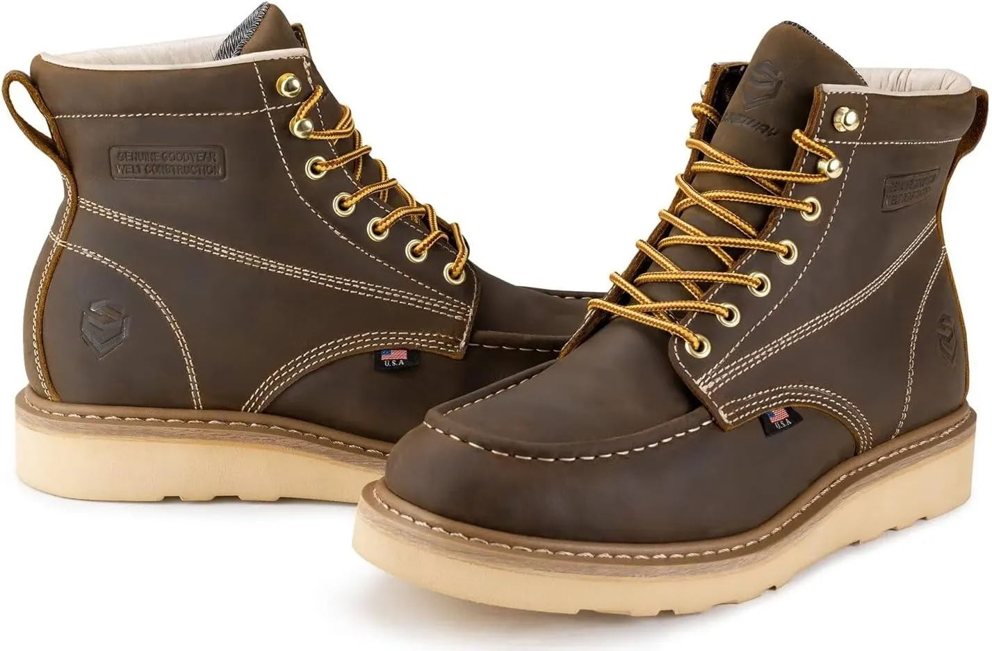 SUREWAY 6 Wedge Moc Toe Work Boots for Men - Soft Toe,Premium Full-Grain Leather,Lightweight Work Boots/Shoes,Comfort Insole,Oil/Slip Resistant,Real Goodyear,EH Rated Industrial Construction Boots