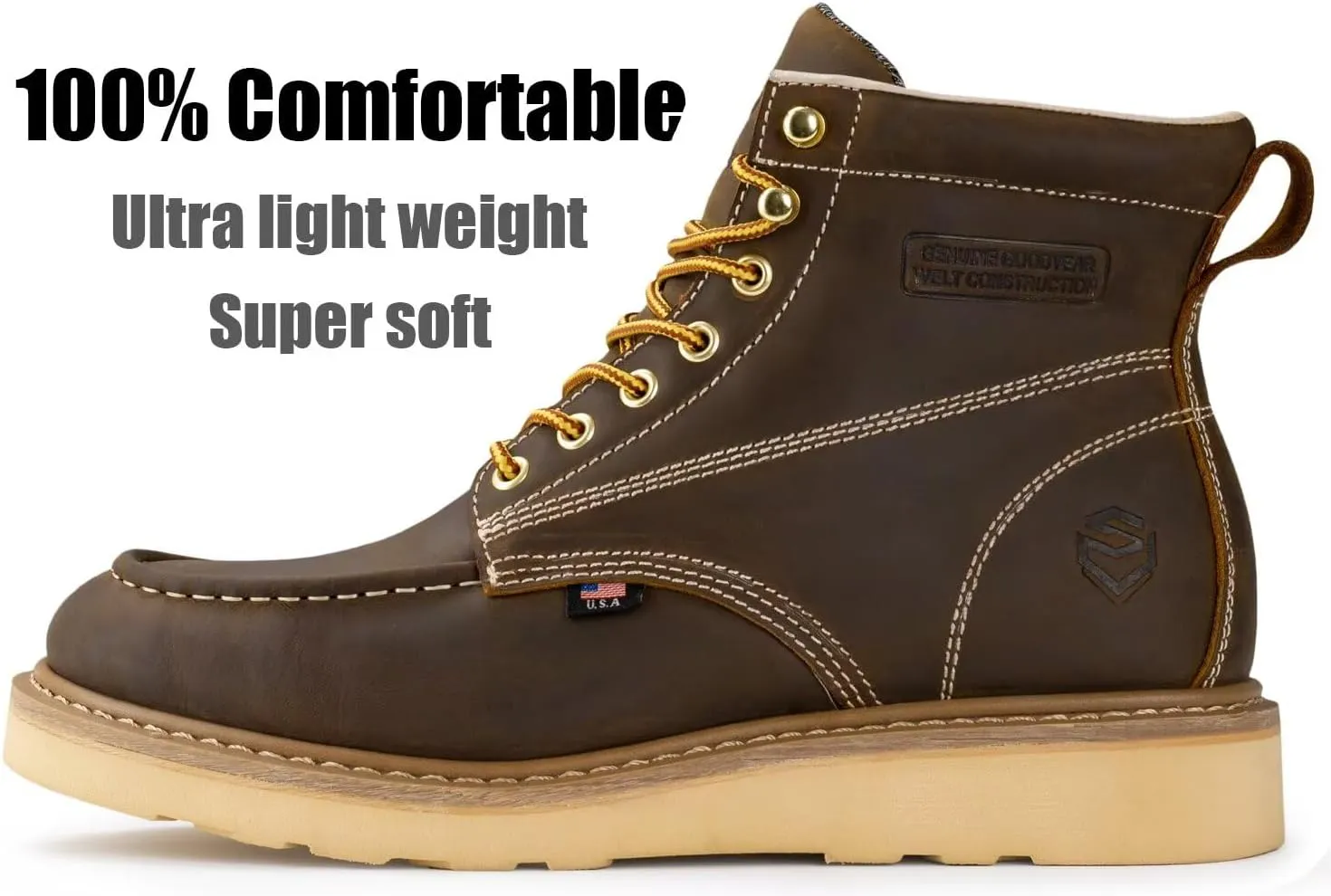 SUREWAY 6 Wedge Moc Toe Work Boots for Men - Soft Toe,Premium Full-Grain Leather,Lightweight Work Boots/Shoes,Comfort Insole,Oil/Slip Resistant,Real Goodyear,EH Rated Industrial Construction Boots
