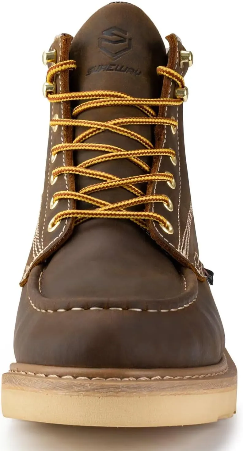 SUREWAY 6 Wedge Moc Toe Work Boots for Men - Soft Toe,Premium Full-Grain Leather,Lightweight Work Boots/Shoes,Comfort Insole,Oil/Slip Resistant,Real Goodyear,EH Rated Industrial Construction Boots