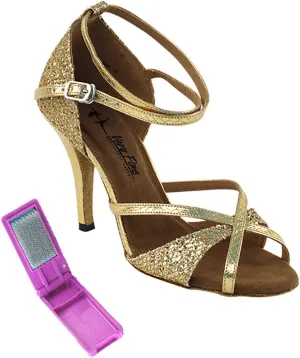 Very Fine Dance Shoes - Ladies Latin, Rhythm, Salsa, Waltz Ballroom Dance Shoes - 2829LEDSS - 3.5-inch Heel and Foldable Brush Bundle - Snake Gold - Gold Sparklenet - 7.5