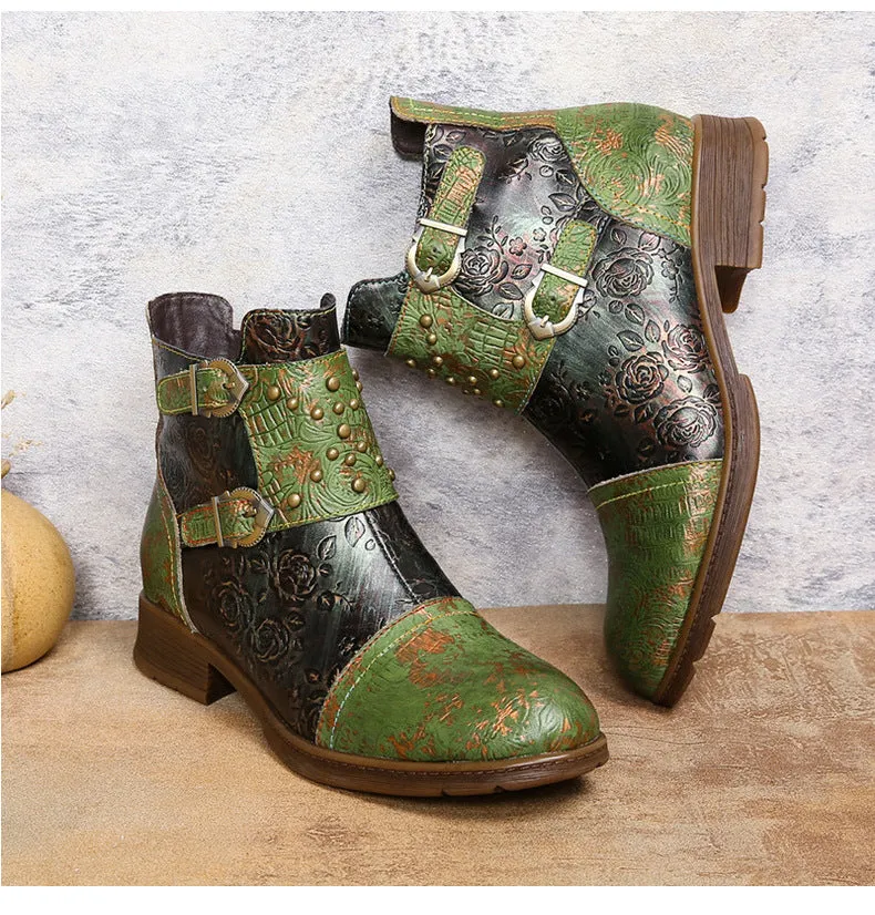 Vintage Handmade Embossed Rose Flat Boots