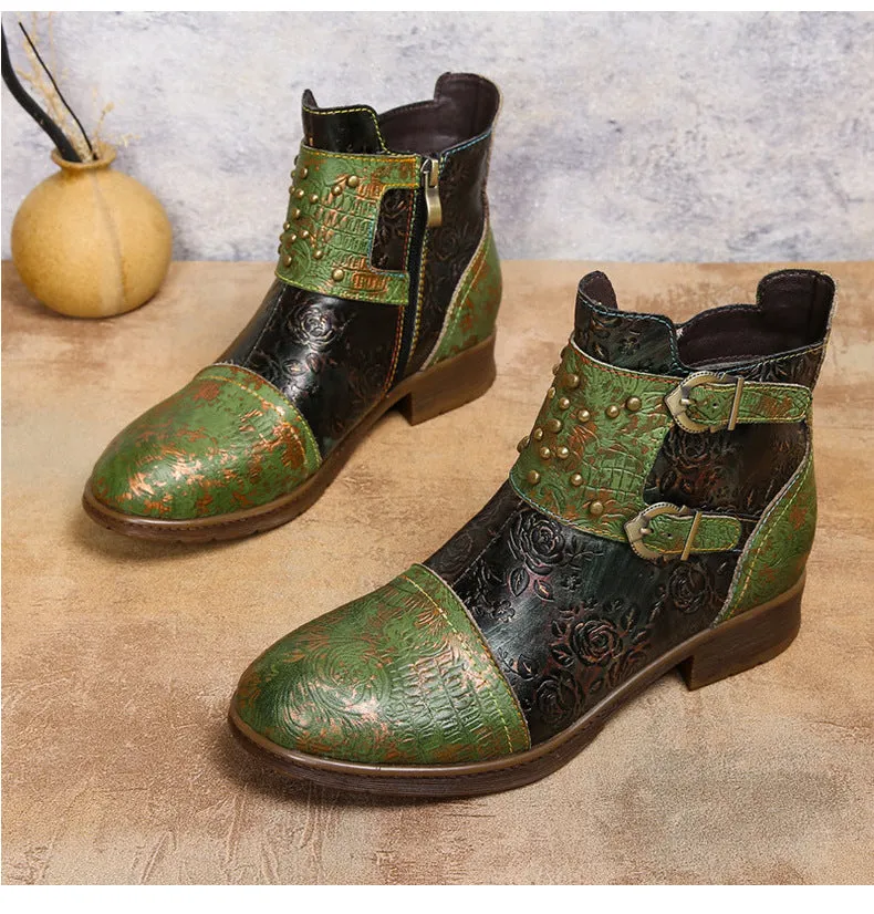 Vintage Handmade Embossed Rose Flat Boots