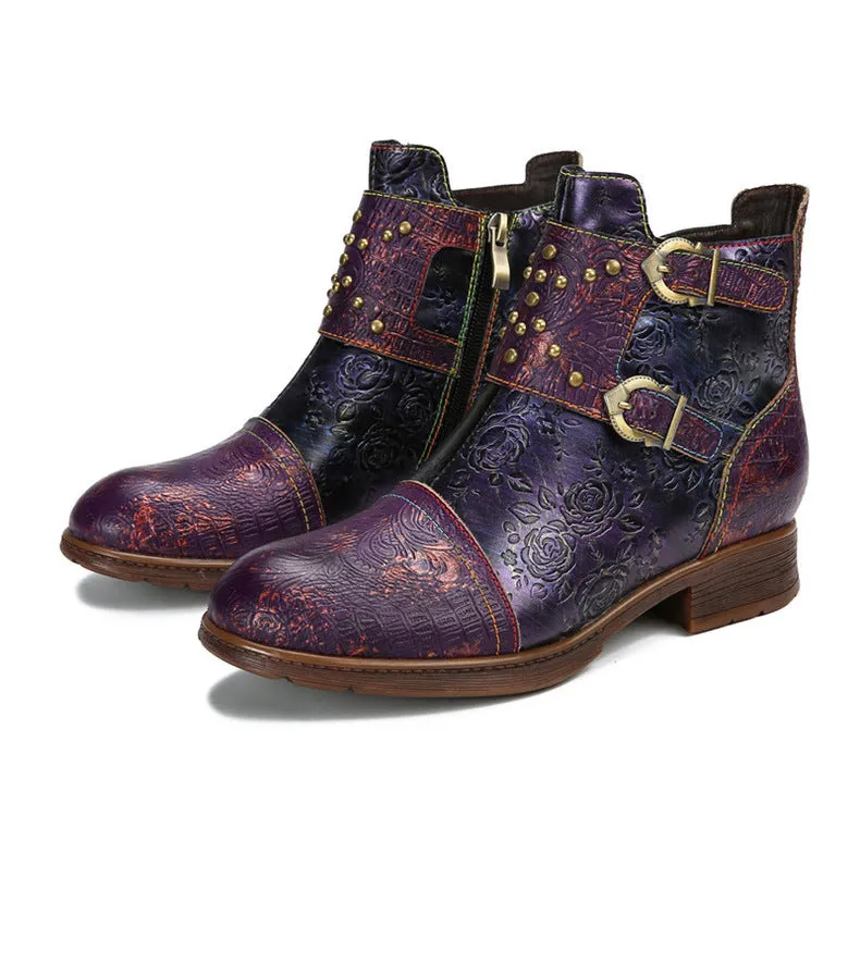 Vintage Handmade Embossed Rose Flat Boots