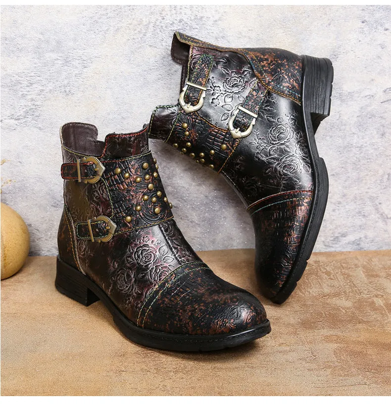 Vintage Handmade Embossed Rose Flat Boots
