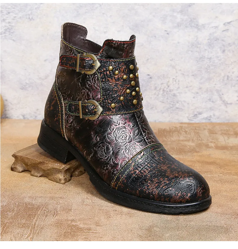 Vintage Handmade Embossed Rose Flat Boots