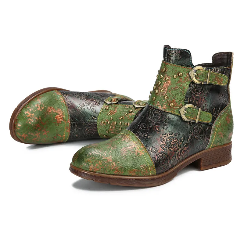 Vintage Handmade Embossed Rose Flat Boots