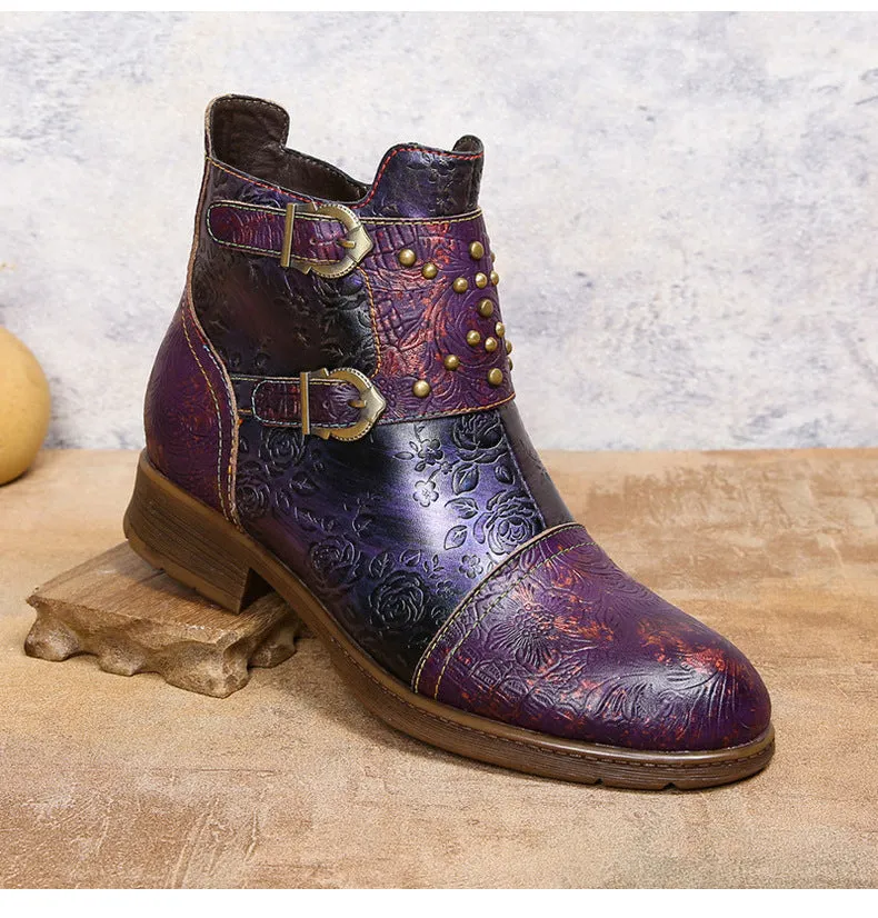 Vintage Handmade Embossed Rose Flat Boots