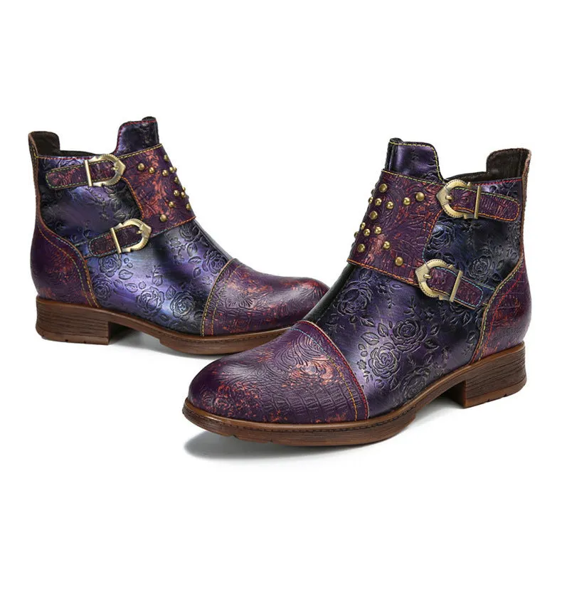 Vintage Handmade Embossed Rose Flat Boots
