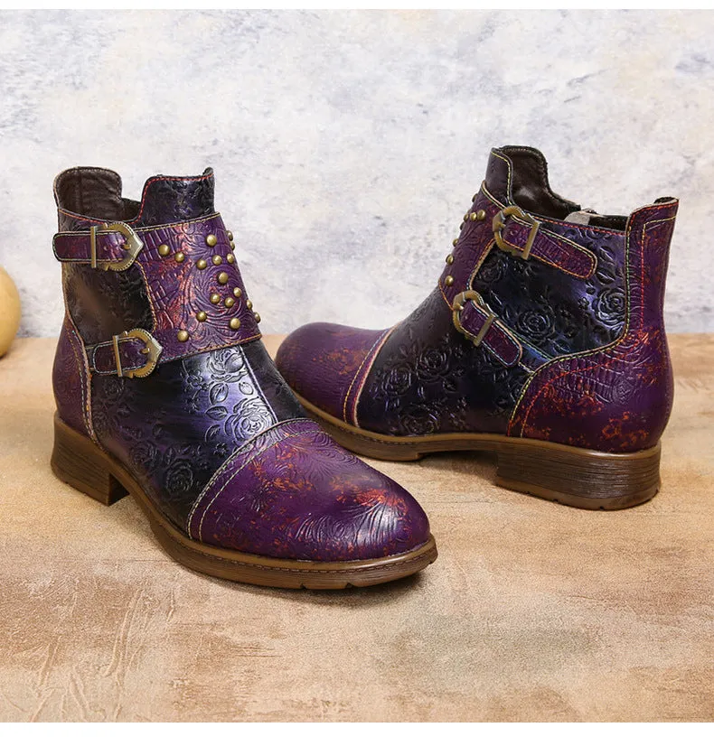 Vintage Handmade Embossed Rose Flat Boots