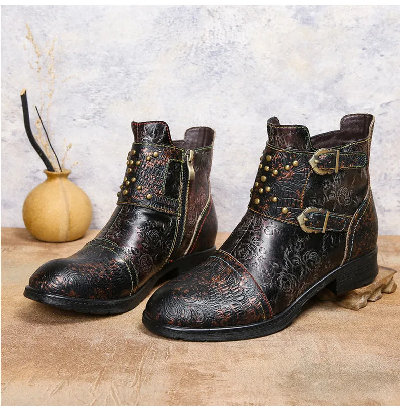 Vintage Handmade Embossed Rose Flat Boots