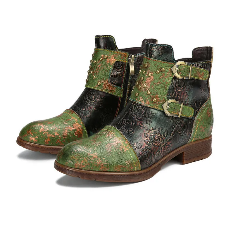 Vintage Handmade Embossed Rose Flat Boots