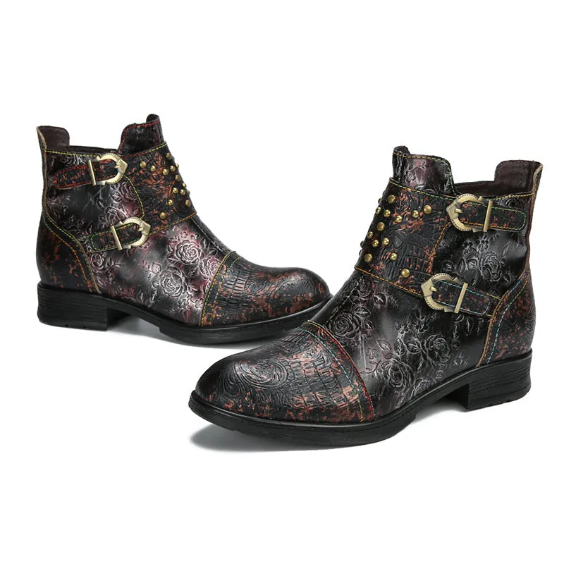 Vintage Handmade Embossed Rose Flat Boots