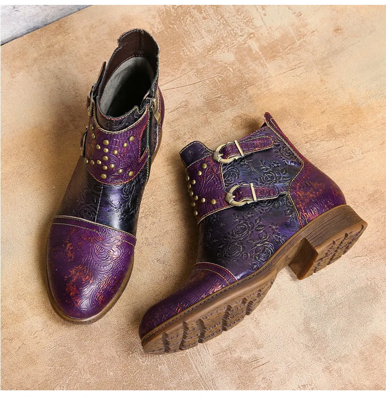 Vintage Handmade Embossed Rose Flat Boots