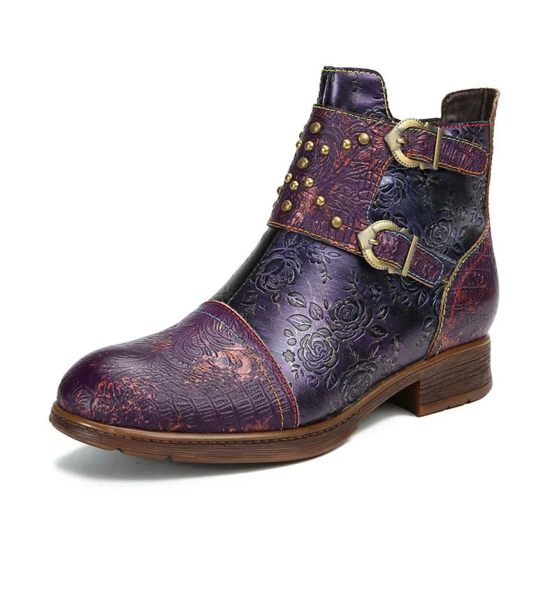 Vintage Handmade Embossed Rose Flat Boots