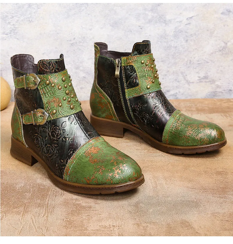 Vintage Handmade Embossed Rose Flat Boots