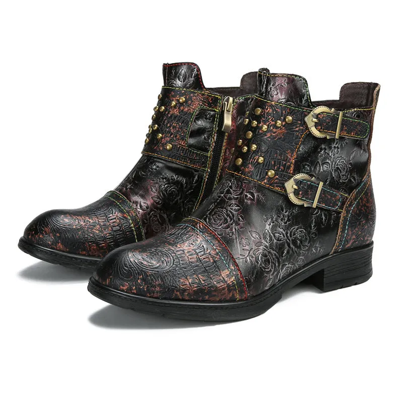 Vintage Handmade Embossed Rose Flat Boots