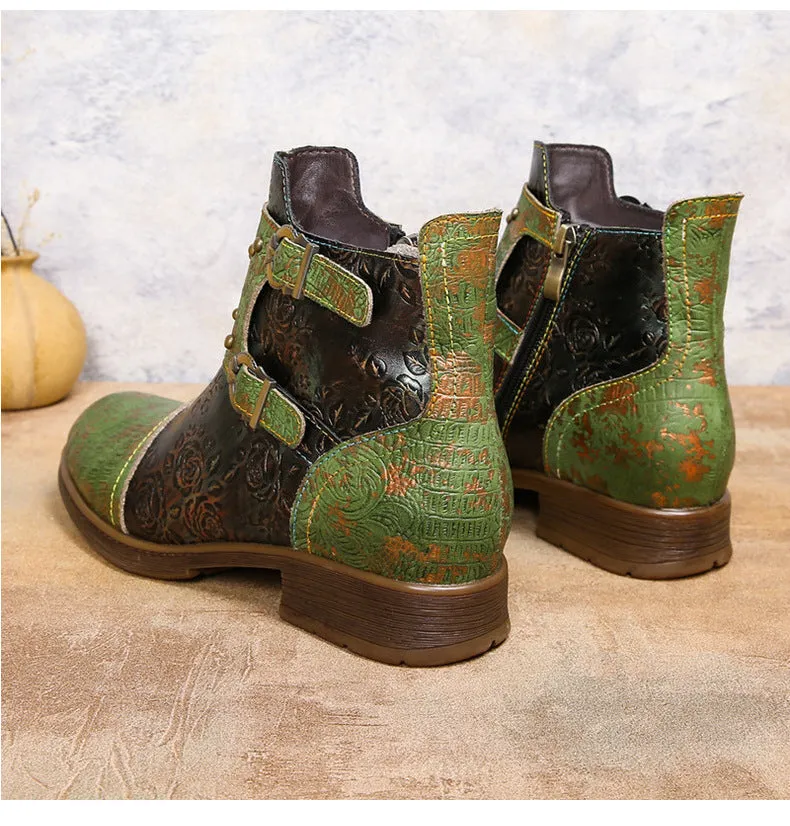 Vintage Handmade Embossed Rose Flat Boots