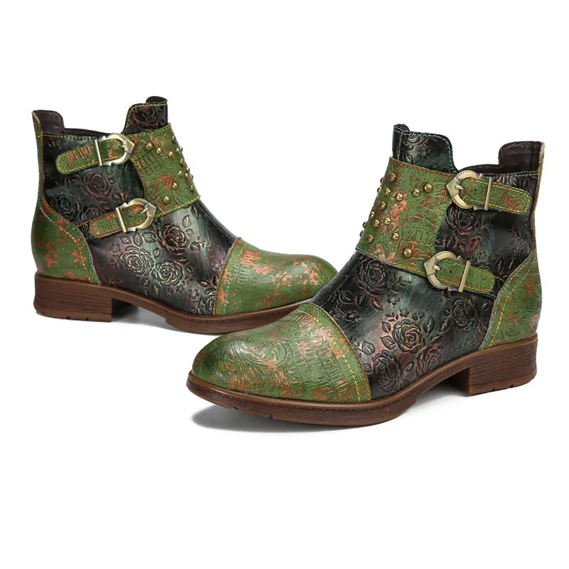 Vintage Handmade Embossed Rose Flat Boots