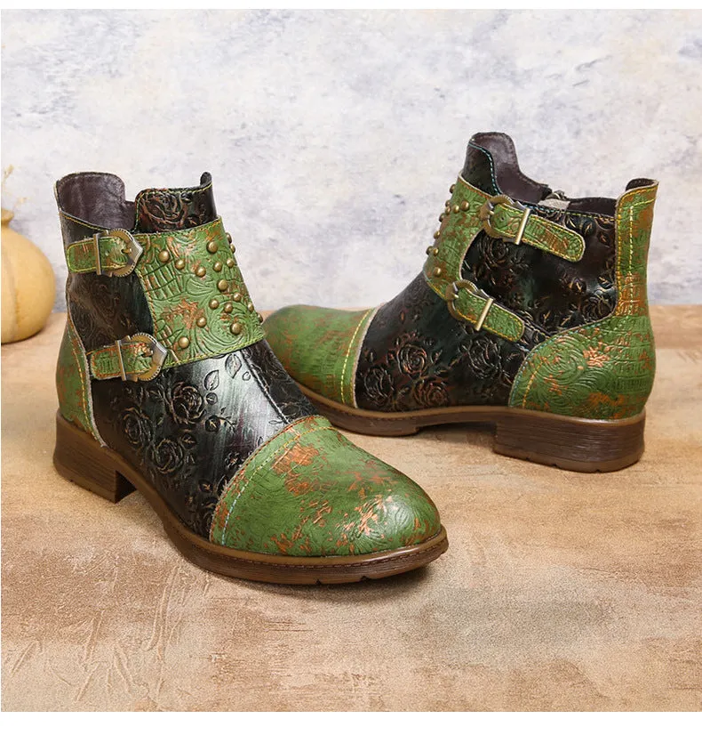 Vintage Handmade Embossed Rose Flat Boots