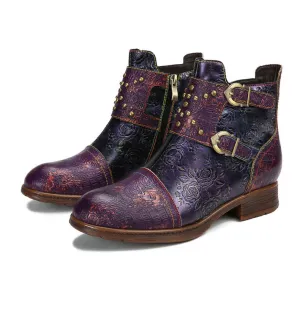 Vintage Handmade Embossed Rose Flat Boots