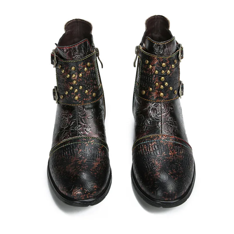 Vintage Handmade Embossed Rose Flat Boots