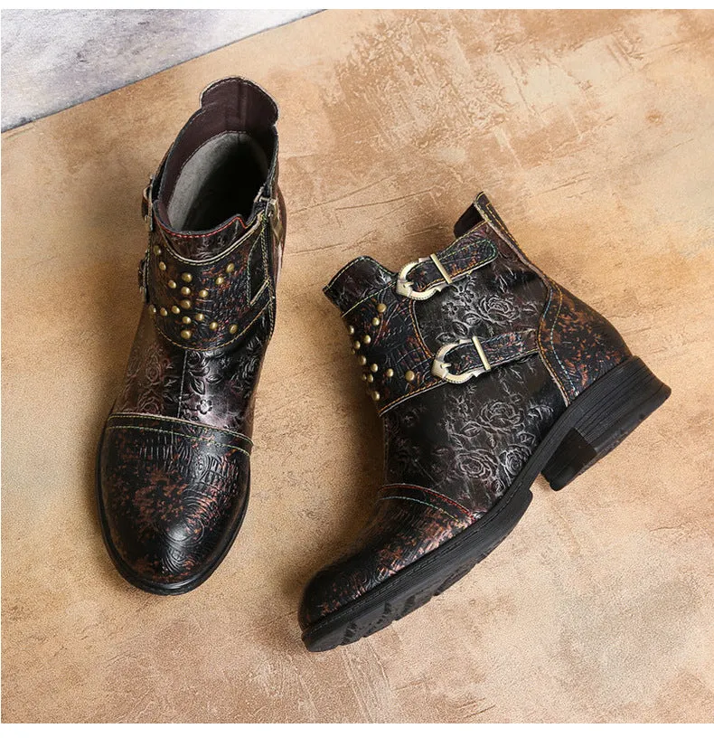 Vintage Handmade Embossed Rose Flat Boots
