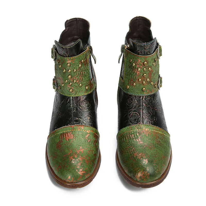 Vintage Handmade Embossed Rose Flat Boots