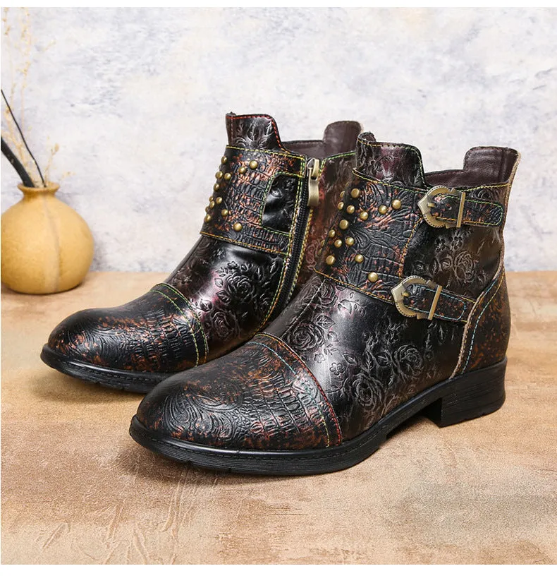Vintage Handmade Embossed Rose Flat Boots