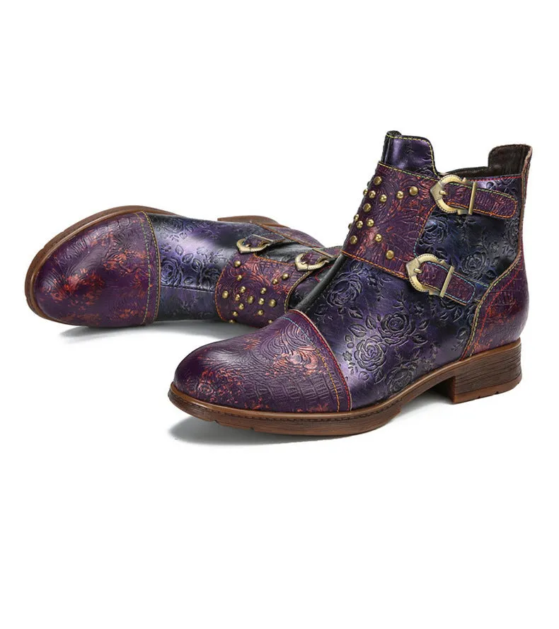 Vintage Handmade Embossed Rose Flat Boots