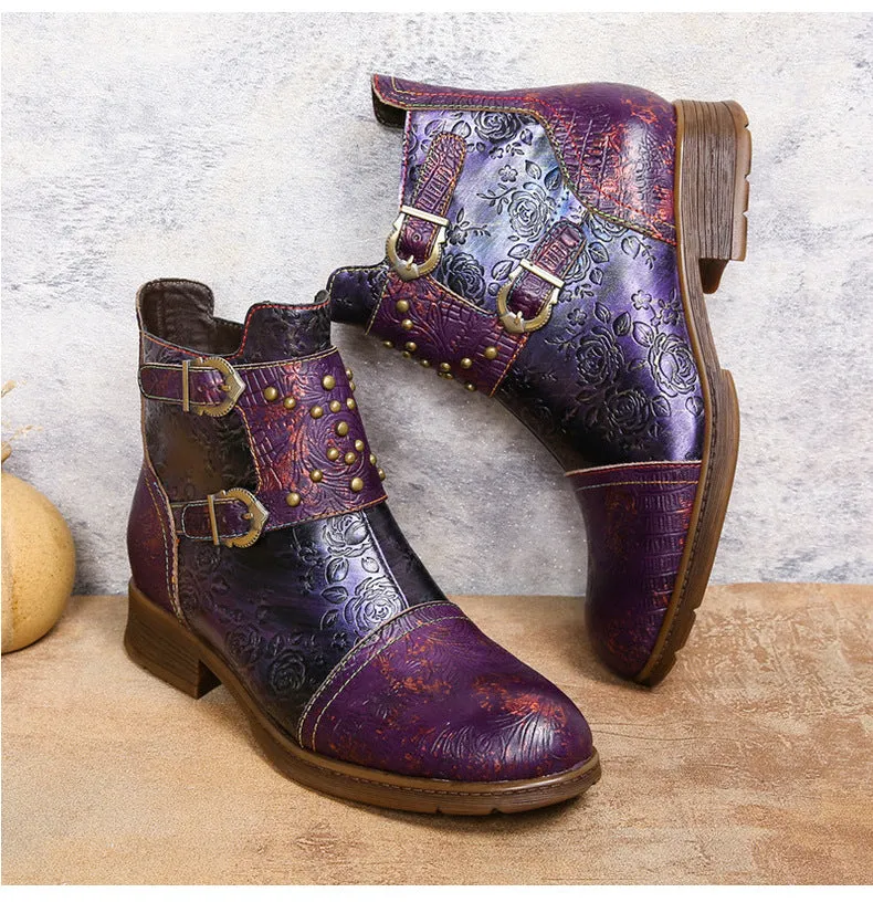 Vintage Handmade Embossed Rose Flat Boots