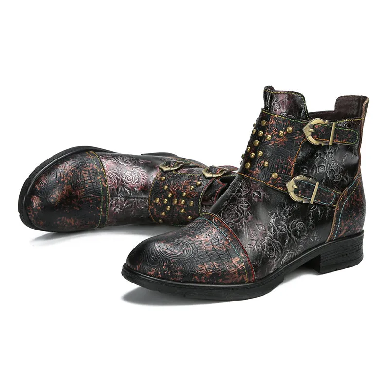 Vintage Handmade Embossed Rose Flat Boots