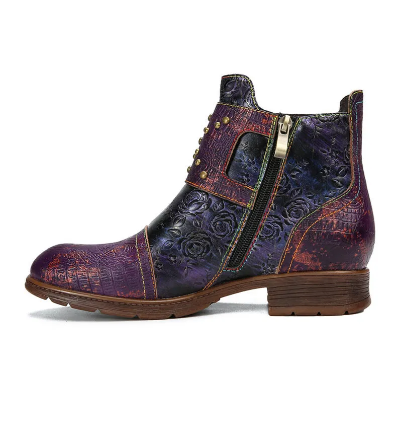 Vintage Handmade Embossed Rose Flat Boots
