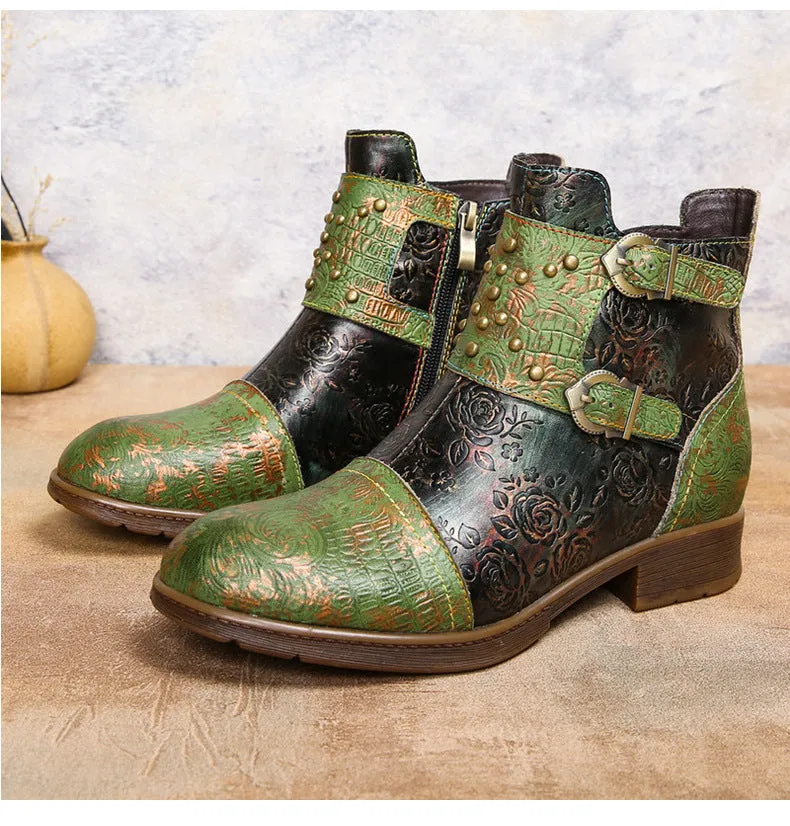 Vintage Handmade Embossed Rose Flat Boots
