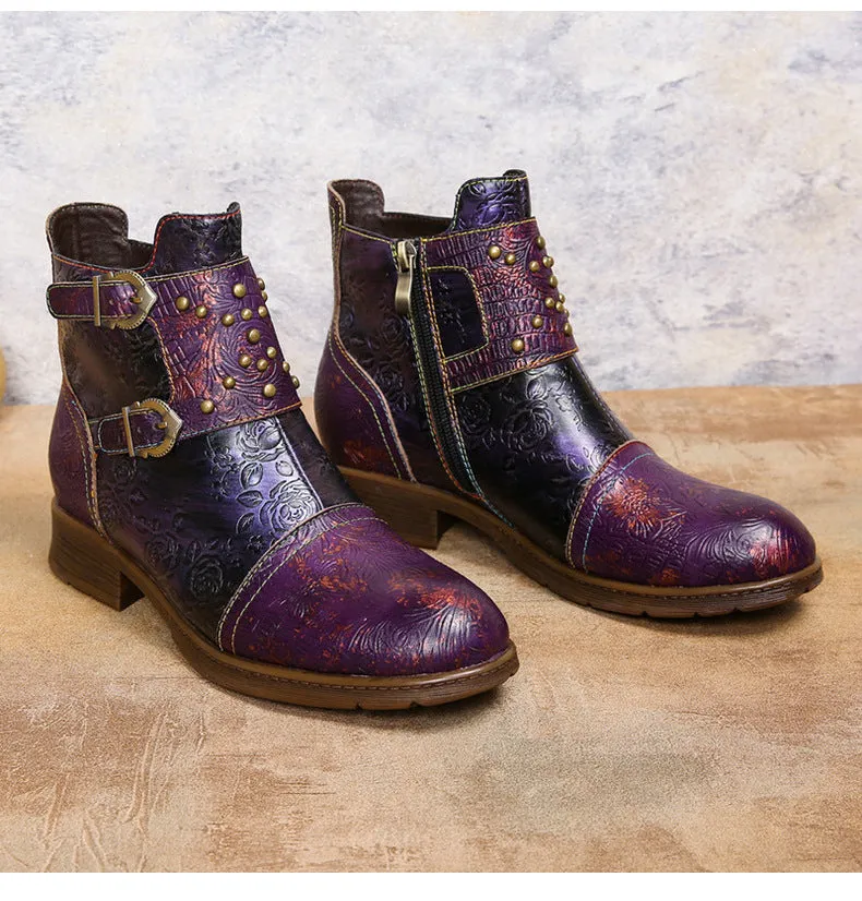 Vintage Handmade Embossed Rose Flat Boots