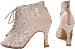 White Latin Dance Boots - Soft Sole Mesh with 9CM (3.54") Heels for Samba, Salsa, Ballroom