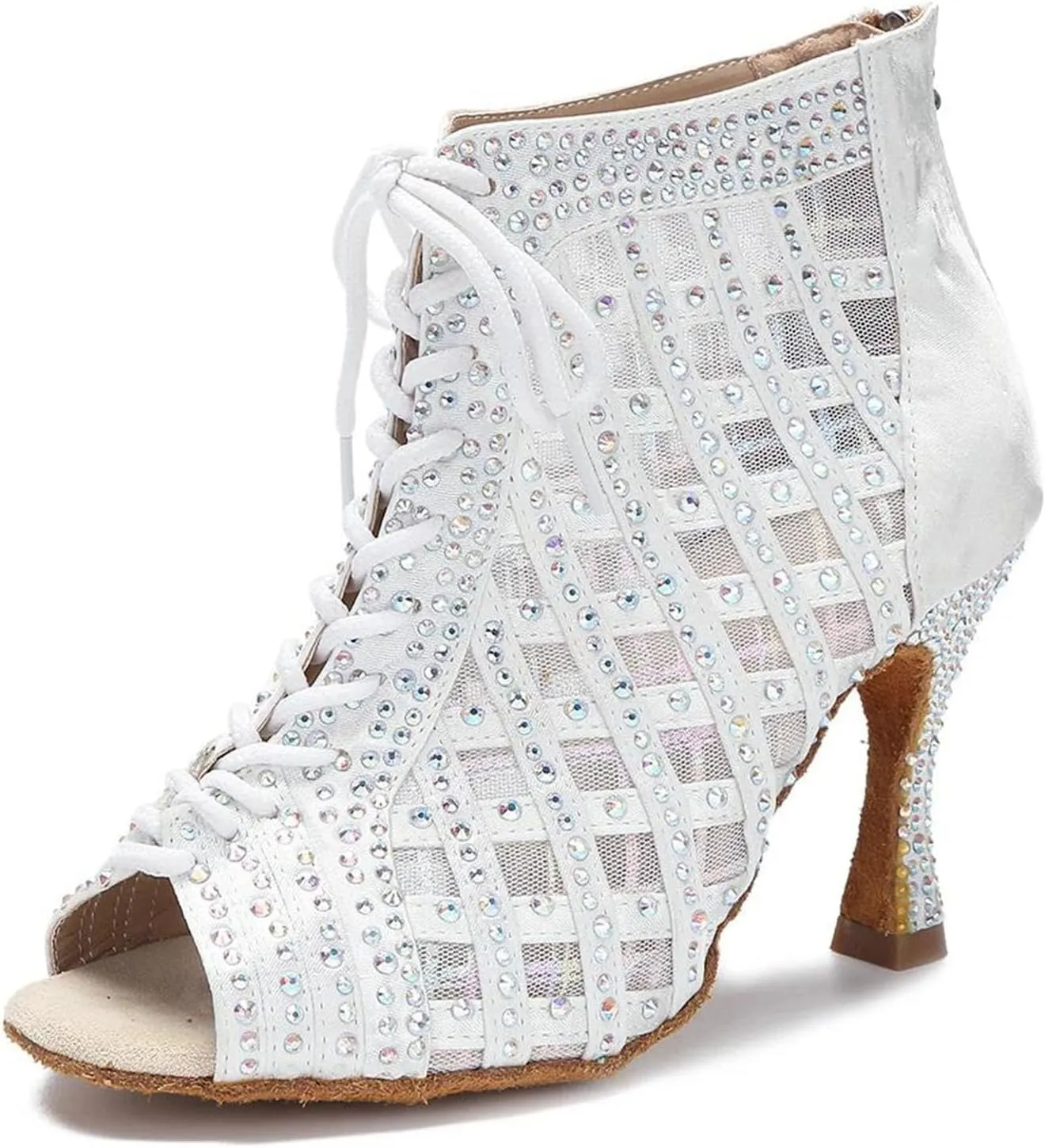 White Latin Dance Boots - Soft Sole Mesh with 9CM (3.54") Heels for Samba, Salsa, Ballroom