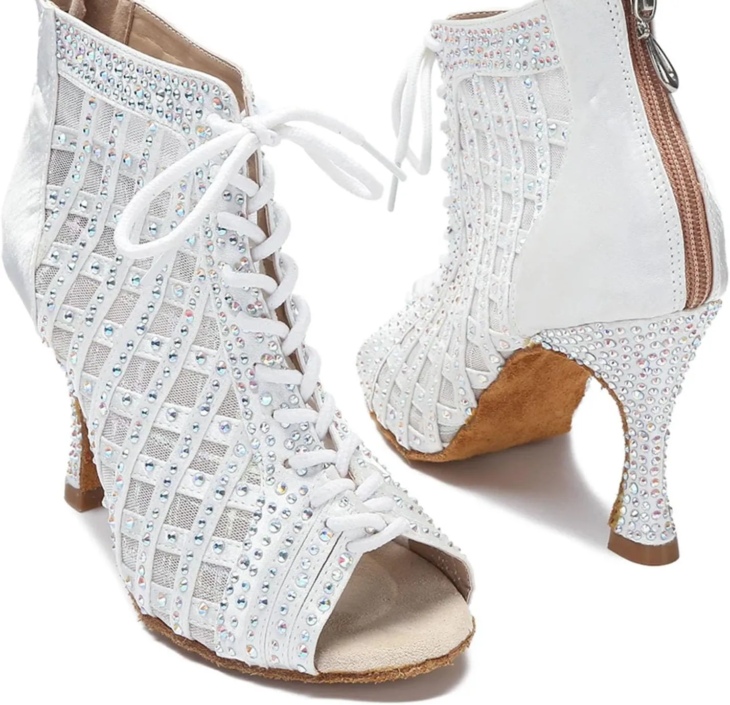 White Latin Dance Boots - Soft Sole Mesh with 9CM (3.54") Heels for Samba, Salsa, Ballroom