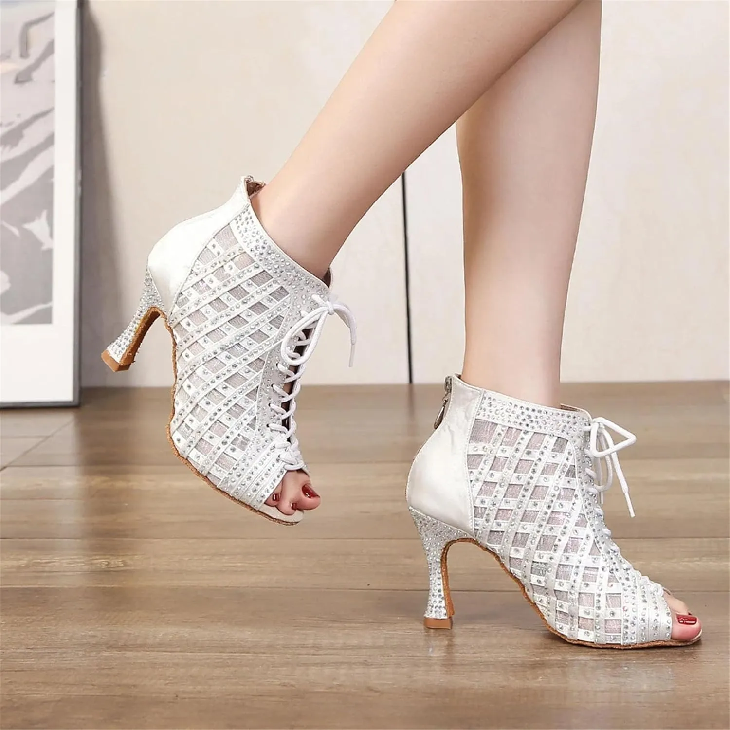 White Latin Dance Boots - Soft Sole Mesh with 9CM (3.54") Heels for Samba, Salsa, Ballroom