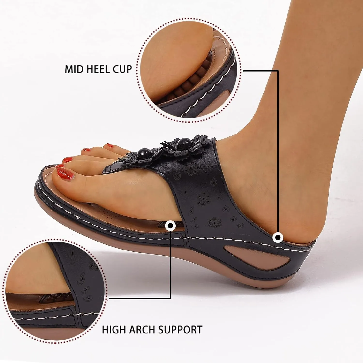 Women Wedge Sandals Flowers Orthopedic Clip Toe Sandals Summer Comfortable Flip Flops with Arch Suppor Casual Shoes