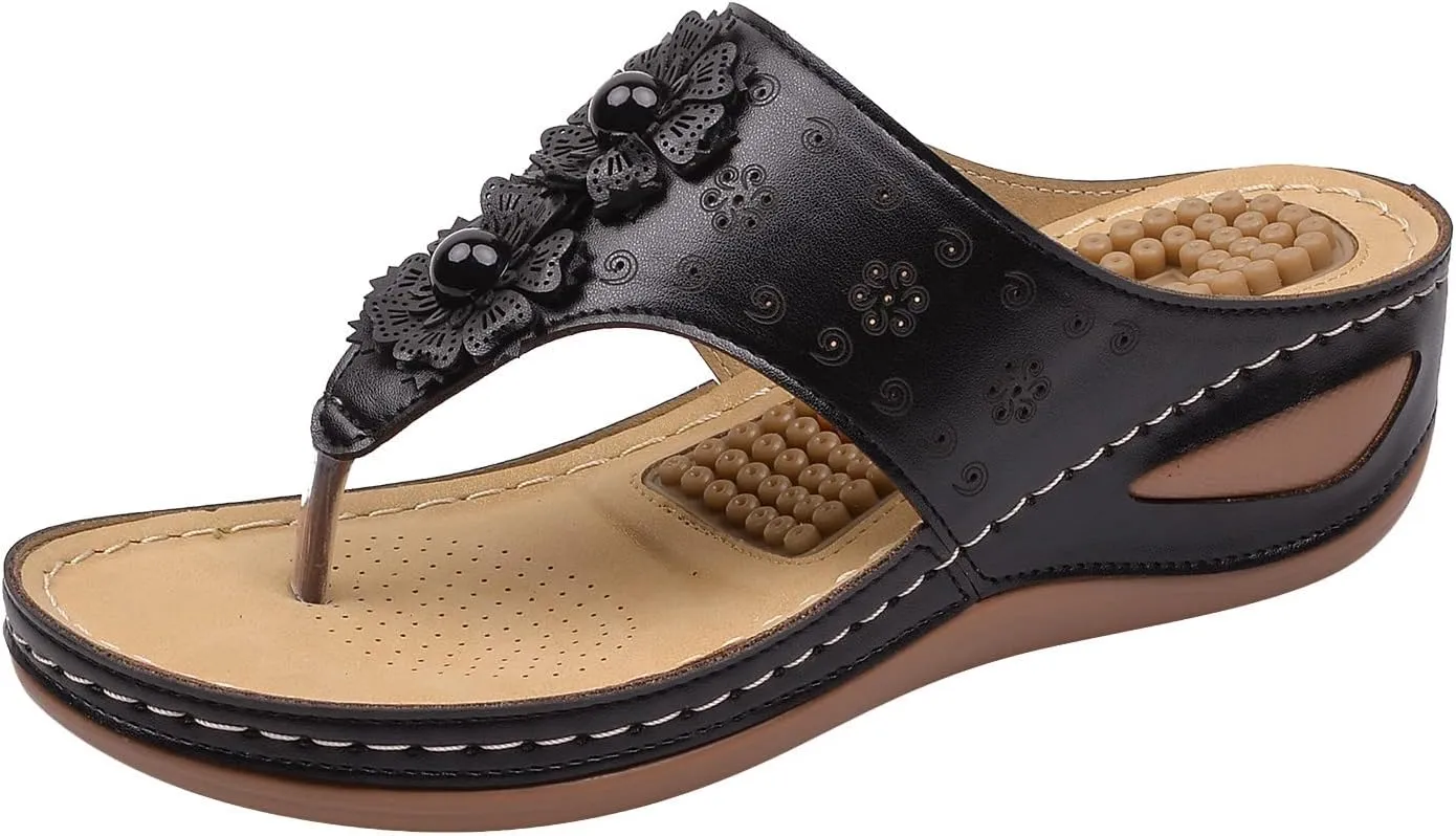 Women Wedge Sandals Flowers Orthopedic Clip Toe Sandals Summer Comfortable Flip Flops with Arch Suppor Casual Shoes
