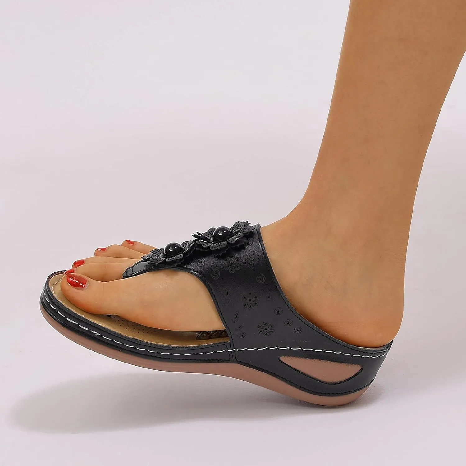 Women Wedge Sandals Flowers Orthopedic Clip Toe Sandals Summer Comfortable Flip Flops with Arch Suppor Casual Shoes