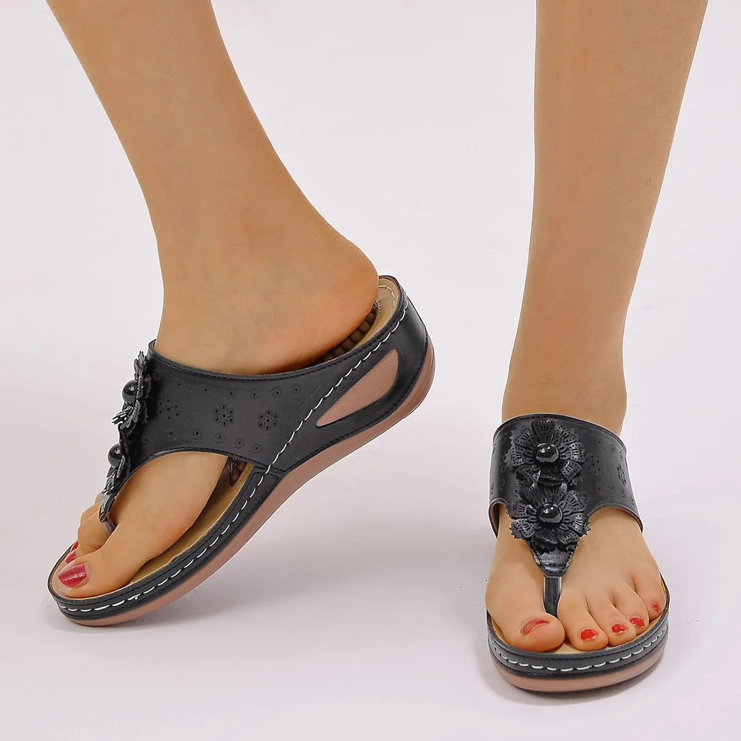 Women Wedge Sandals Flowers Orthopedic Clip Toe Sandals Summer Comfortable Flip Flops with Arch Suppor Casual Shoes