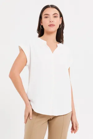 Women White Roll Up Sleeve Blouse