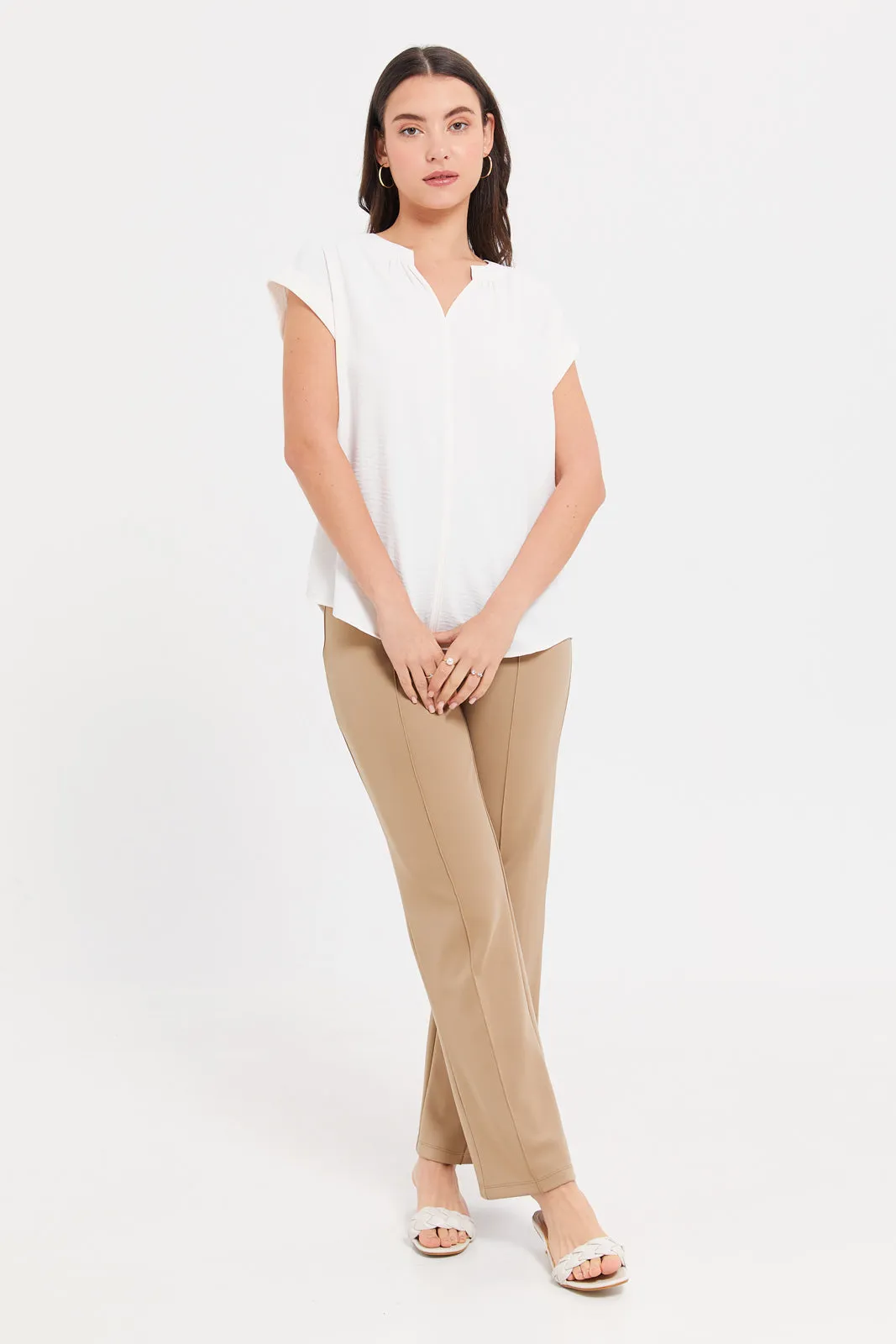 Women White Roll Up Sleeve Blouse