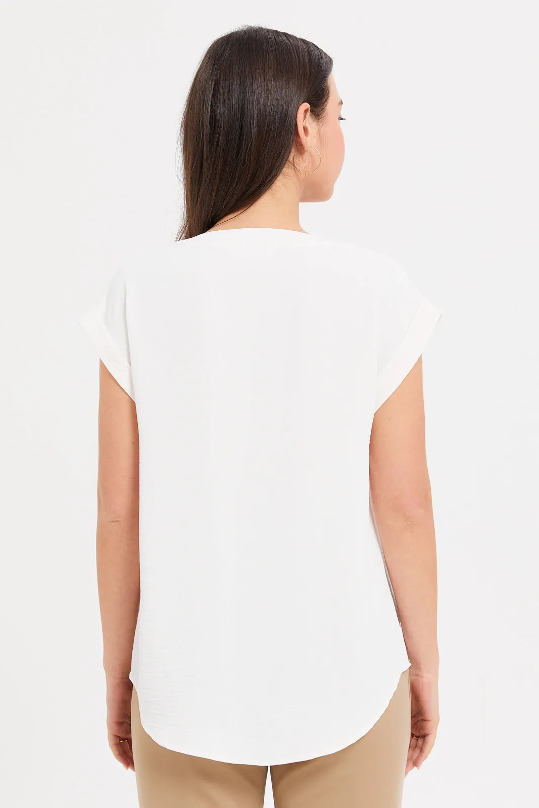 Women White Roll Up Sleeve Blouse
