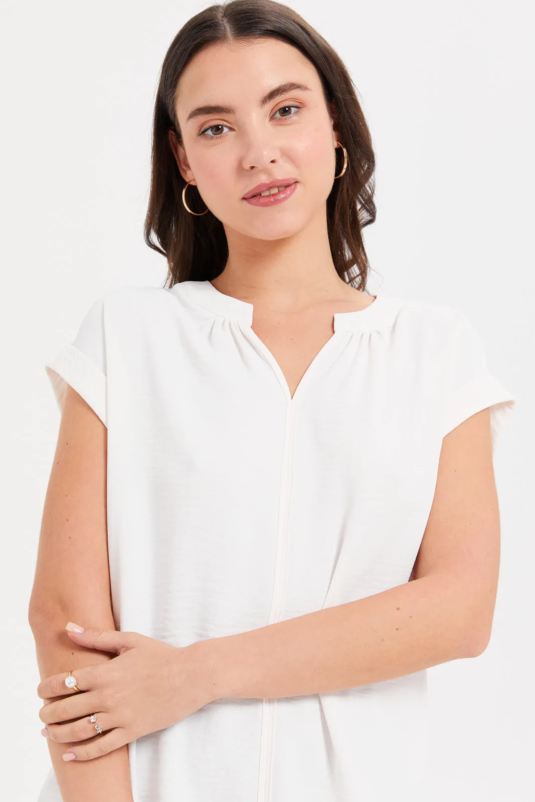 Women White Roll Up Sleeve Blouse
